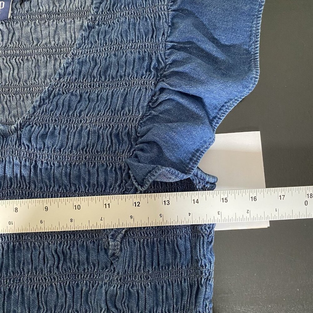GAP 100% Organic Cotton Denim Ruffle Sleeve Smocked Midi Dress Size S Pockets - Picture 14 of 15